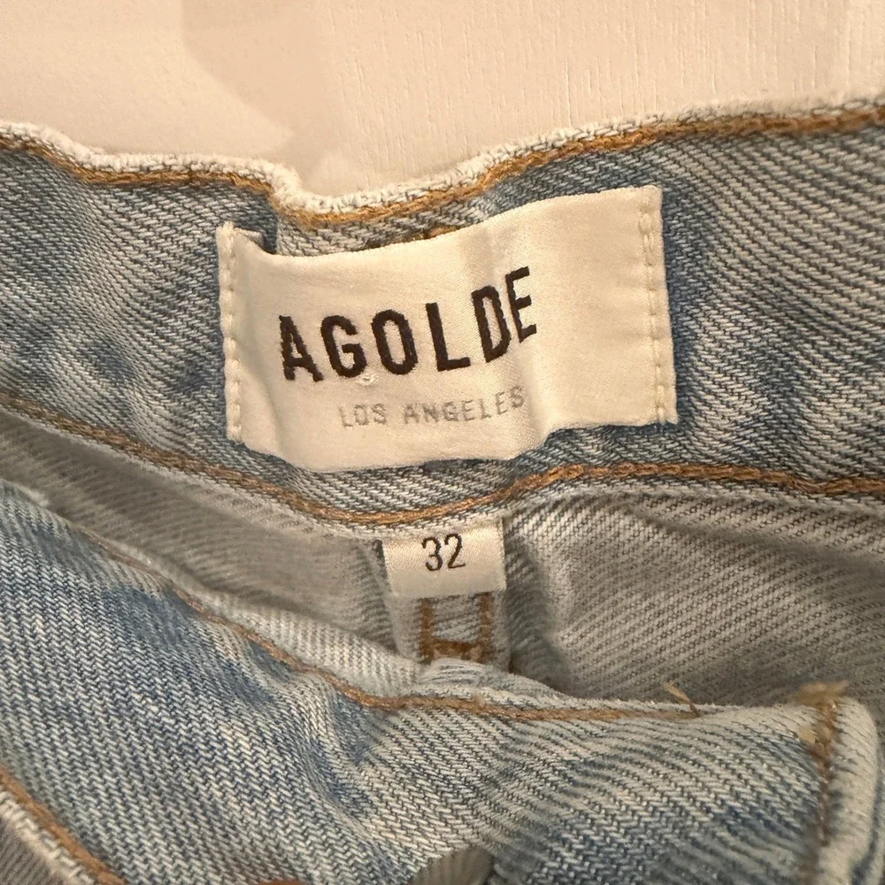 AGOLDE Parker Long Denim Shorts 32 Light Wash Coastal Distressed High Rise Boho